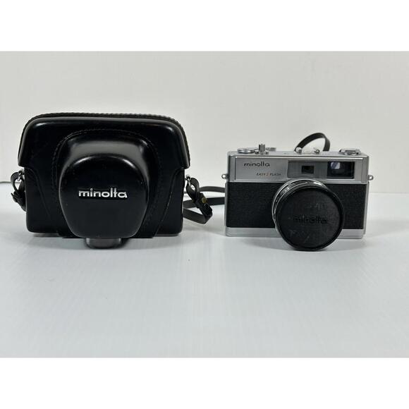 Vintage Minolta Hi-Matic 9 Easy Flash Film Camera Rokkor Lens Leather Case Strap - Picture 1 of 16